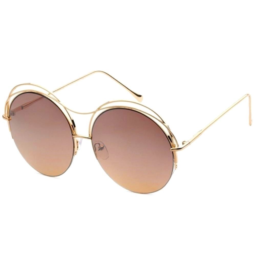 Sunglasses Round Oversized Sunnies Brown Adult Unique Goldtone Frame